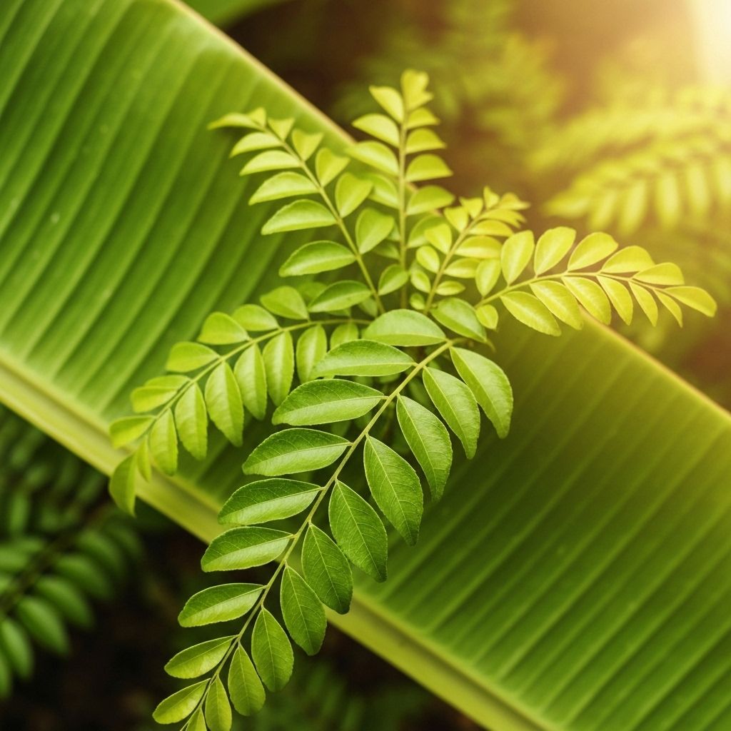 Fresh curry leaves and banana leaves